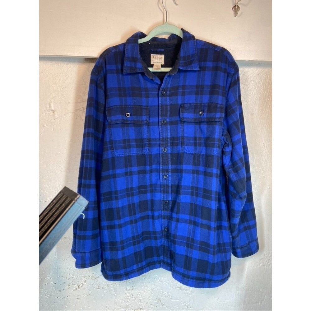 L.L. BEAN MENS LARGE REG BLUE PLAID FLANNEL SHIRT FLEECED LINED